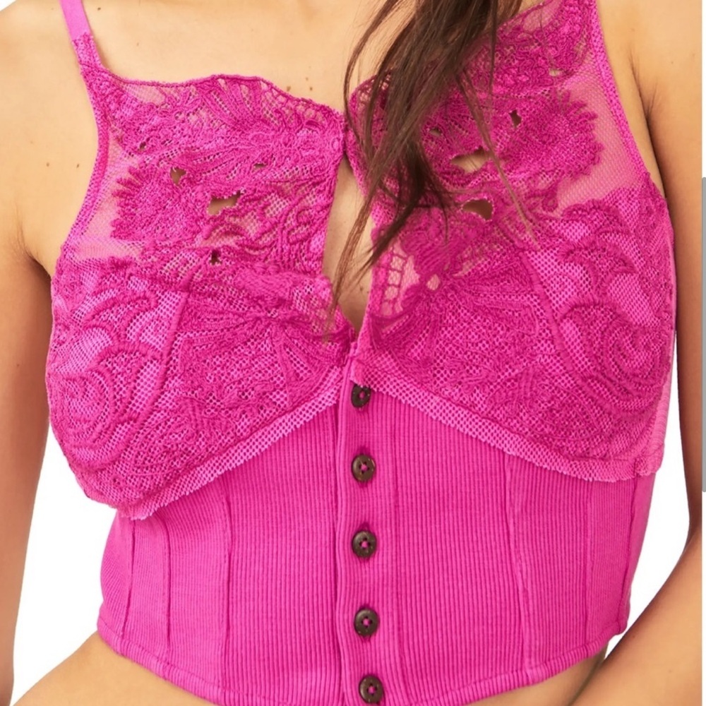 Free People Magenta Lace Button-Up Crop Top Women’s S NWOT
